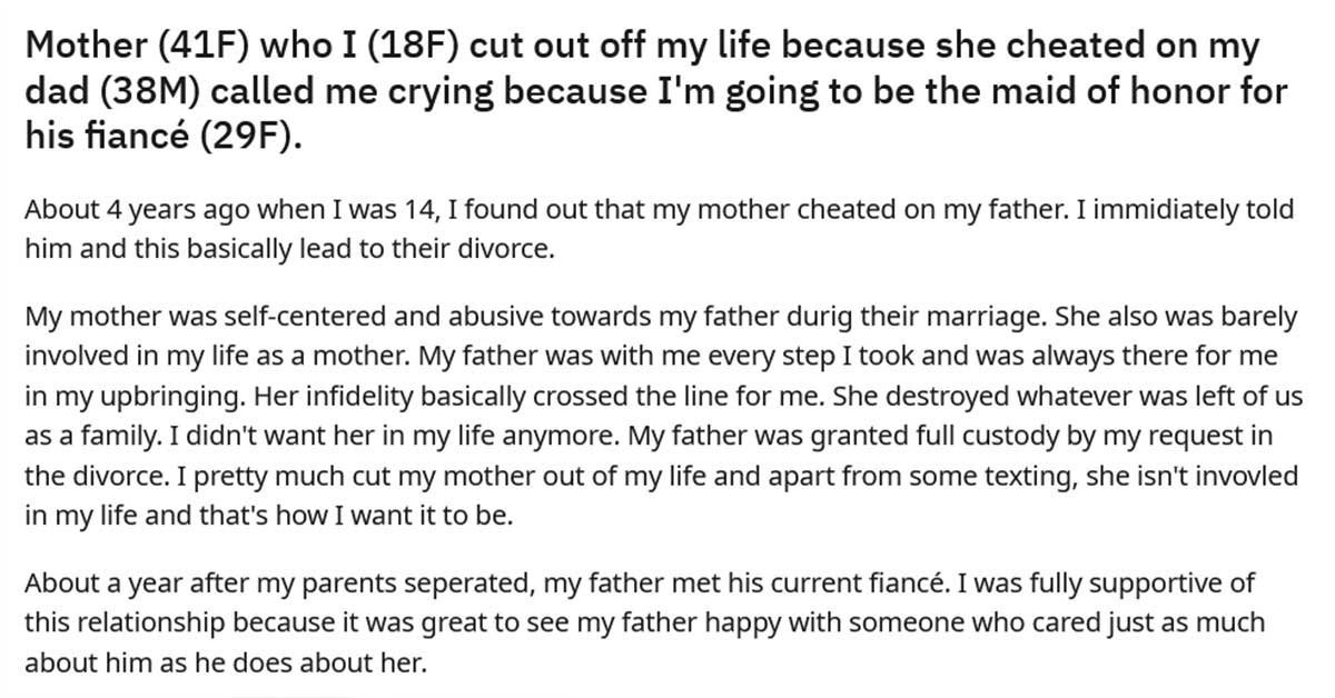 Daughter Cuts Ties With Mom For Cheating On Dad Shares How Mom Called Her Crying Because She Is 4215